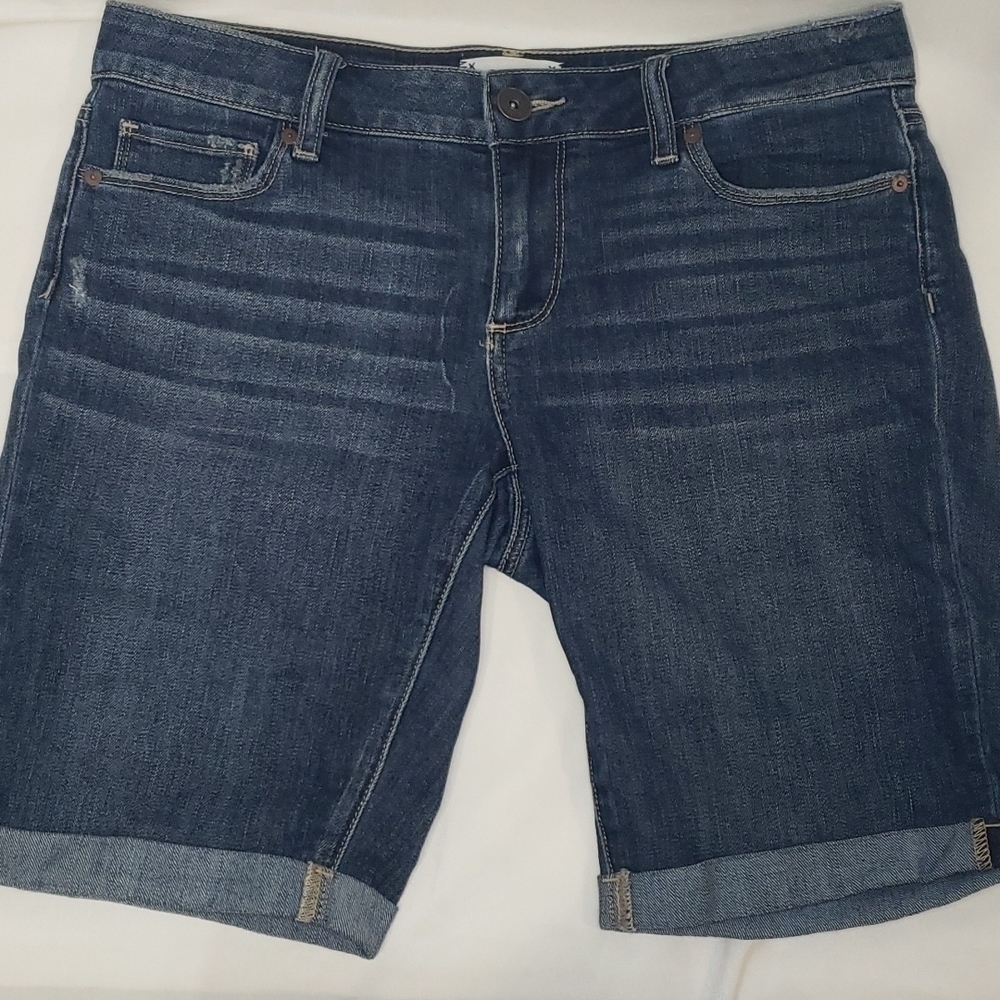 PAIGE Jax Knee Distressed Denim Jean Shorts Bermuda Rolled Cuff